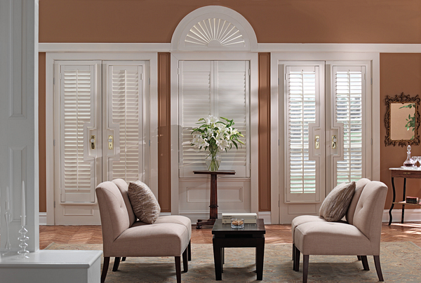 Composite shutters frame French doors leading to Scottsdale AZ and Boerne TX backyard