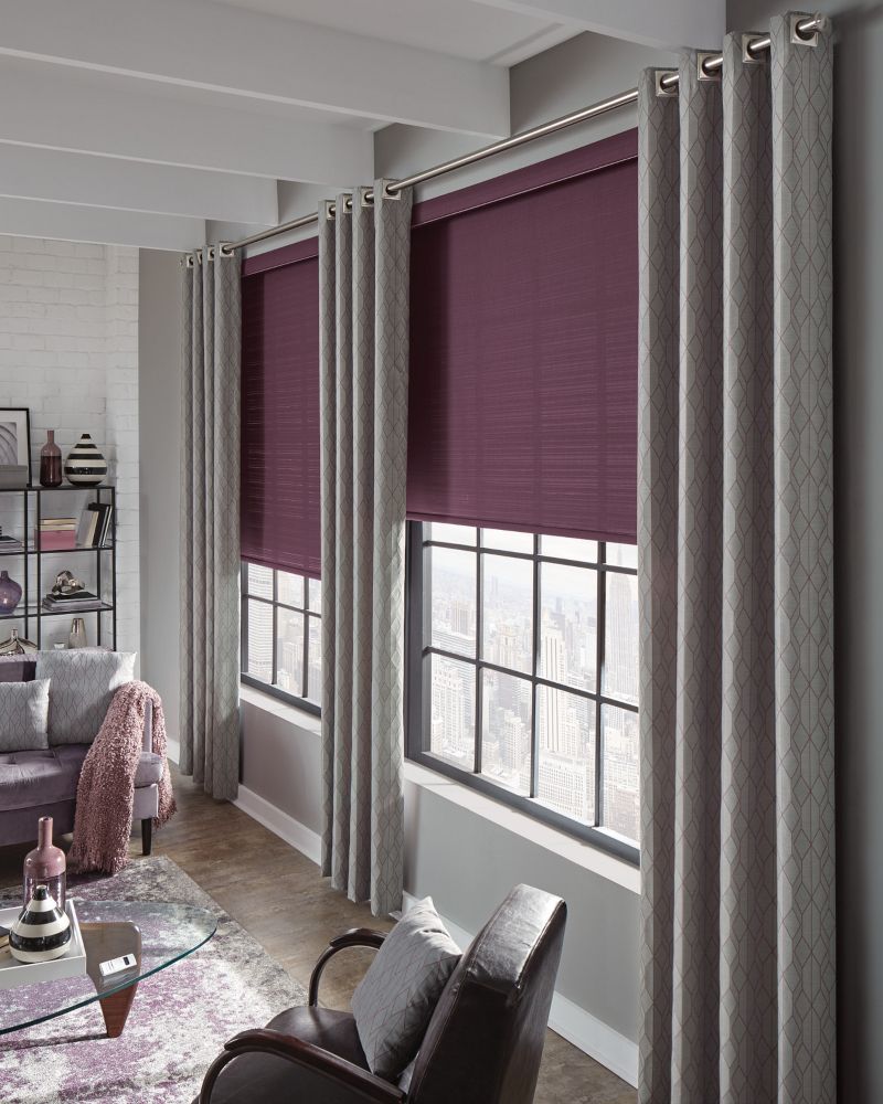 Purple solar shades with custom drapes in Scottsdale AZ and Boerne TX home