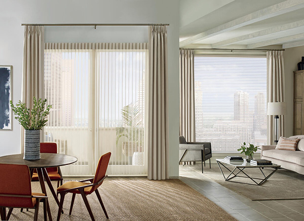 Sheer curtains with drapes provide natural light in Scottsdale AZ and Boerne TX living space